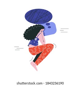 Bad night sleep concept. Sleeping discomfort, insomnia, nightmire, disturbed. Woman awake in stress. Night terrors. Girl thoughts in a dream, thinking about work flat vector illustration 