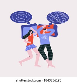 Bad Night Sleep Concept. Sleeping Discomfort, Insomnia, Nightmire, Disturbed. Couple In Bedroom, Partners Night Terrors. Adult Thoughts In Dream, Thinking About Relationship Flat Vector Illustration