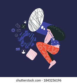 Bad night sleep concept. Sleeping discomfort, insomnia, nightmire, disturbed.  Woman awake in stress, office character night. Girl thoughts in a dream, thinking about work  flat vector illustration 