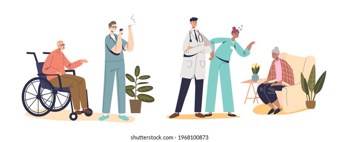 Bad nursing set with lazy and angry nurses screaming on patient, ignore sick people. Not professional medical workers with ill people at work in hospital. Cartoon flat vector illustration