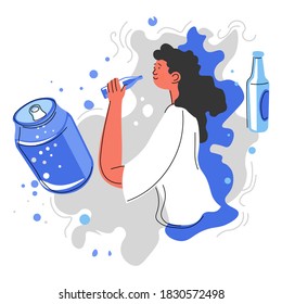 Bad nutrition habits, drinking fizzy water from cans and bottles. Woman with refreshing bubbly beverage, thirsty female character and splashes of aquarelle. Girl and soda, vector in flat style