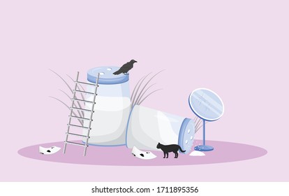 Bad omens flat concept vector illustration. Spilled salt and broken mirror with black cat and ace of spades 2D cartoon composition for web design. Common superstition, misfortune signs creative idea