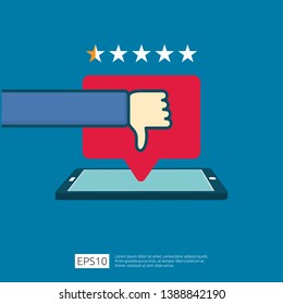 bad one star review concept. dislike bubble message symbol on phone screen media. hand thumbs down button logo icon. Social network flat design style banner concept vector illustration