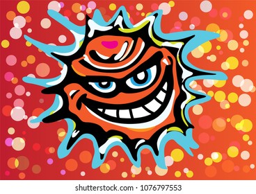 A bad orange angry sun is laughing in a colorful sky full of bubbles of confetti. A long exposure to the sun can cause various diseases or illness and cancer.