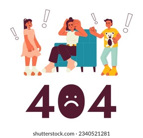 Bad parenting day error 404 flash message. Tired mom and siblings having fight. Empty state ui design. Page not found popup cartoon image. Vector flat illustration concept on white background