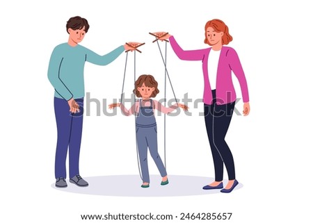 Bad parents manipulate child using strings of puppeteers to raise unhappy daughter. Married couple manipulate kid, causing negative impact on psyche and destroying little girl future.