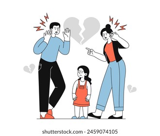 Schlechte Eltern streiten sich einfach. Vater und Mutter schreien sich nahe der Tochter mit gebrochenem Herzen an. Negative Gefühle und Emotionen. Doodle flache Vektorillustration isoliert auf weißem Hintergrund