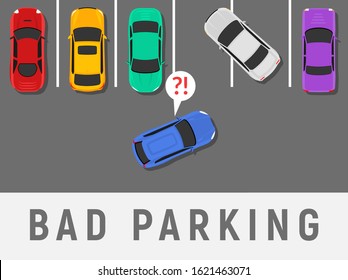 Bad parking car top view. Wrong parking area traffic road rules, flat vector car.
