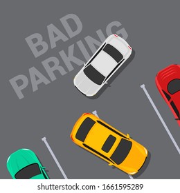 Bad parking car top view. Wrong parking area traffic road rules, flat vector car