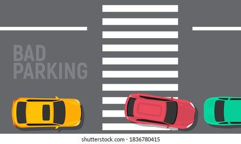 Bad parking car top view. Wrong parking area traffic road rules, flat vector car