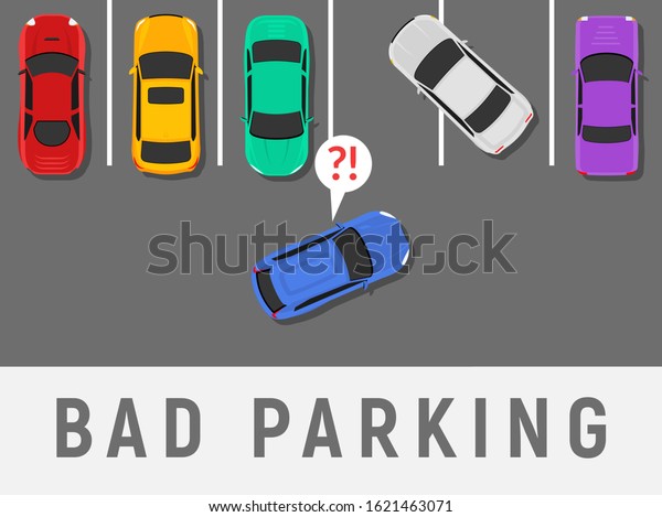 Bad parking car top view. Wrong parking area\
traffic road rules, flat vector\
car.