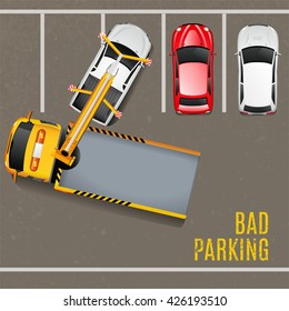 Bad Parking Concept with Top View Tow Truc Vector Illustration