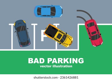 Schlechter Parkplatz. Gute und schlechte Parkmöglichkeiten. Draufsicht. Verkehrsvorschriften. Straßenregeln. Flaches Vektorgrafik-Design. Einzeln auf weißem Hintergrund.