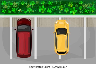 Bad parking. Parking lot with bad parked car. Right and wrong auto parked examples.Cars top view.City parking lot and bad parked vehicle. Improperly parked automobiles.Parking zone.Vector illustration