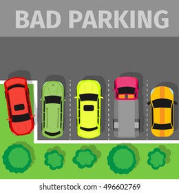 Bad parking set. Car parked inappropriate way on lawn pavement, sidewalk, pedestrian crossing. Driver annoying everyone. Parking zone banner. Rude disrespectful driver on parking or car park. Vector