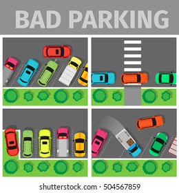 Bad parking set. Car parked in inappropriate way on lawn pavement, sidewalk, Driver annoying everyone. Parking zone conceptual web banner. Rude disrespectful driver in parking lot or car park. Vector