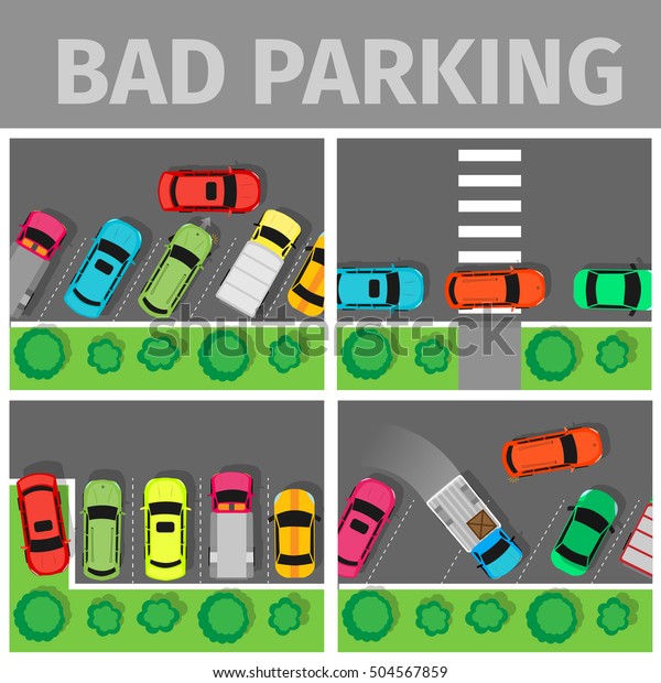 Bad parking set. Car parked in inappropriate way\
on lawn pavement, sidewalk, Driver annoying everyone. Parking zone\
conceptual web banner. Rude disrespectful driver in parking lot or\
car park. Vector