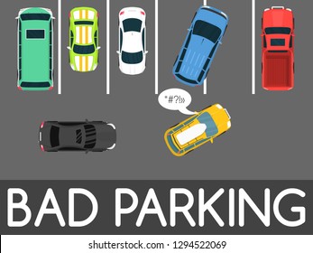 Bad parking vector illustration. Car parked in inappropriate way. Driver annoying everyone. Parking zone conceptual web banner. Rude disrespectful impolite driver in parking lot or car park.