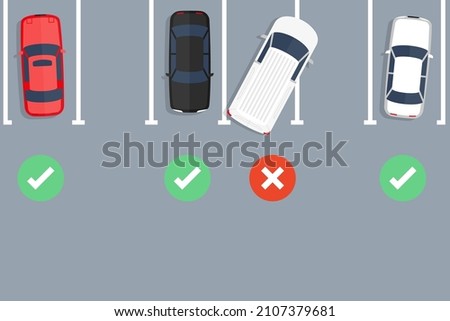 Bad parking. Wrongly parked car illustration. Vector top view
