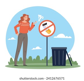 Bad people character smoking under sign no smoke. Vector flat cartoon illustration