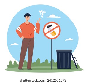 Bad people character smoking under sign no smoke. Vector flat cartoon illustration