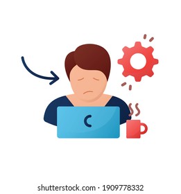 Bad performance at work flat icon. Daytime fatigue. Sleep disorder. Healthy sleeping concept. Sleep problems treatment. Stress. Powerlessness. Health care. Color isolated vector illustration 