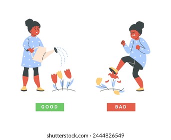 A bad person is a good person. The vector illustration shows one girl caring for flowers and another girl stepping on them. Correct and incorrect education and behavior. Isolated background.