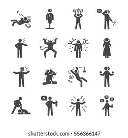 Bad personality and character icons set. Included the icons as scare, selfish, stress, faithless, sad, forceful and more.