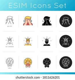 Bad personality traits icons set. Negative qualities, self pity, greed and self confidence. Linear, black and RGB color styles. Human feelings and emotional states. Isolated vector illustrations