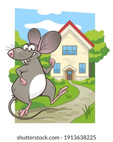Bad pest mouse goes to a cute house. Cartoon pest mouse series. 