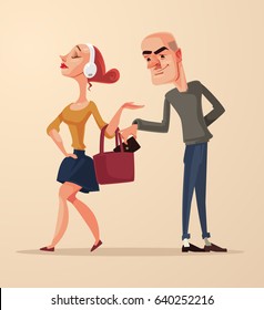 Bad pickpocket man character steals purse with money from woman bag. Vector flat cartoon illustration