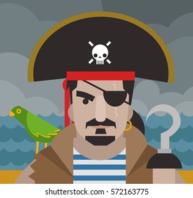 bad pirate with hook skull hat and parrot in the sea