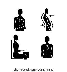 Bad posture problems black glyph icons set on white space. Uneven hips and shoulders. Swayback posture. Sitting at desk correctly. Muscle spasms. Silhouette symbols. Vector isolated illustration