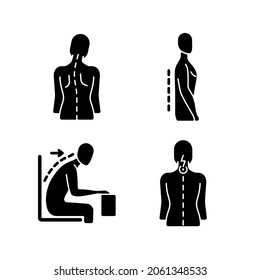 Bad posture problems black glyph icons set on white space. Head tilt. Flatback syndrome. Slouching. Neck pain. Losing normal curvature. Silhouette symbols. Vector isolated illustration