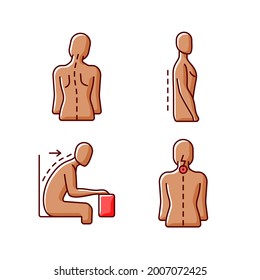 Bad posture problems RGB color icons set. Head tilt. Flatback syndrome. Spinal abnormalities. Neck pain. Losing normal curvature. Forward tilted sitting position. Isolated vector illustrations