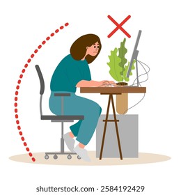 Bad wrong incorrect posture for sitting at computer desk. Wrong flowerpot and wires located. Wrong back, neck and legs poses of woman at workplace. Vector 