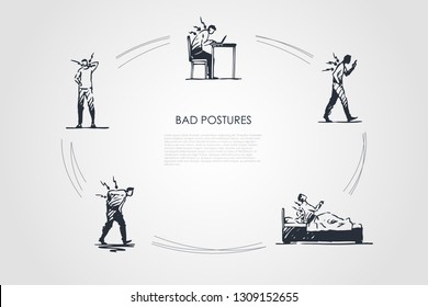 Bad postures - man sitting, standing and lying in bad postures with back pain vector concept set. Hand drawn sketch isolated illustration