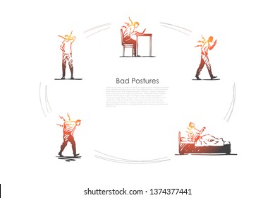 Bad postures - man sitting, standing and lying in bad postures with back pain vector concept set