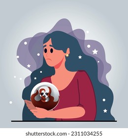 bad prediction concept, fortune teller looks with concern at christian ball, gypsy woman makes a bad prediction of the future. vector illustration.