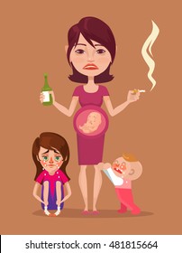 Bad pregnant drunk smoking mother with children characters. Vector flat illustration