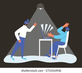 Bad professional relashionship. Character working on computer and other person wagging his finger at him. Boss scolding. Vector flat color illustration.