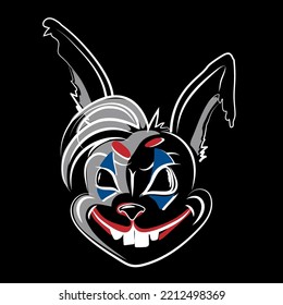 A bad rabbit, hand-drawn in doodle style. Hare joke rabbit. Crazy rabbit head. Stylization of an animal with human emotions. Symbol of the year. Vector illustration on black background.
