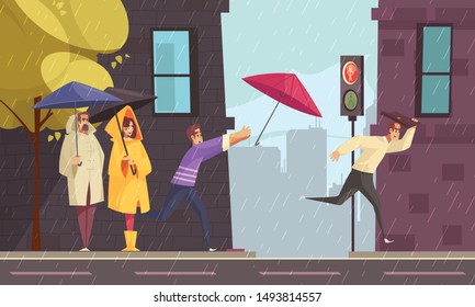 Bad rainy weather in city flat composition with people in raincoats under umbrellas at crossroad vector illustration 