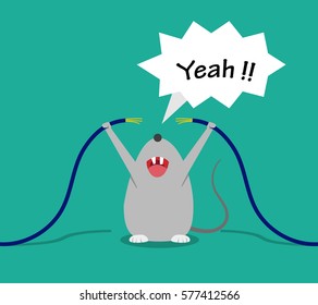 Bad rat happy after bite cable, vector cartoon