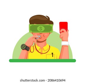 Bad referee with money on face symbol bribery, match fixing and illegal activity in sport tournament illustration vector