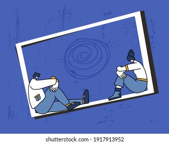 Schlechte Beziehung. Kommunikationsfragen. Junge Menschen mit schlechter Laune, die miteinander in Kontakt stehen. Pair in einem Kampf. Einige junge Leute nach dem Streit. Vektorgrafik.