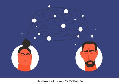 Bad relationship. Couple conflict. Female and male persons with lot of confusing thoughts about each other. Wife and husband with bad mood. Vector flat illustration.