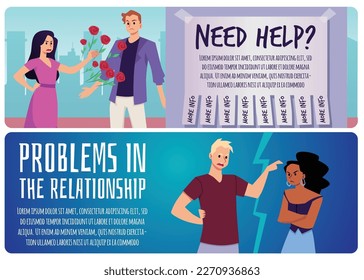 Bad relationship and marriage problems, banners for psychological advice and support, flat vector illustration. Relationships and marriage problems, conflict in couple.