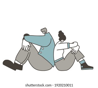 Mala relación. Cuestiones psicológicas. Jóvenes de mal humor se sientan de vuelta atrás. Par en una pelea. Un par de jóvenes después de la iluminación del Vector.