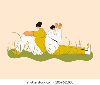 Bad relationship. Psychological issues. Young people with bad mood sitting back to back. Pair in a fight. Couple  after quarrel or conflict. Vector illustartion.